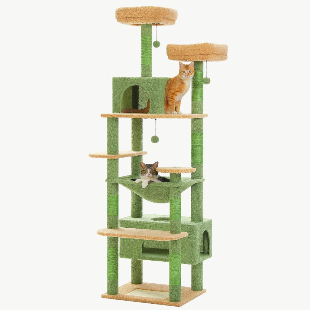 Arbre à chat L'Aventure Jungle 184 cm vert, deux chats sur les plateformes