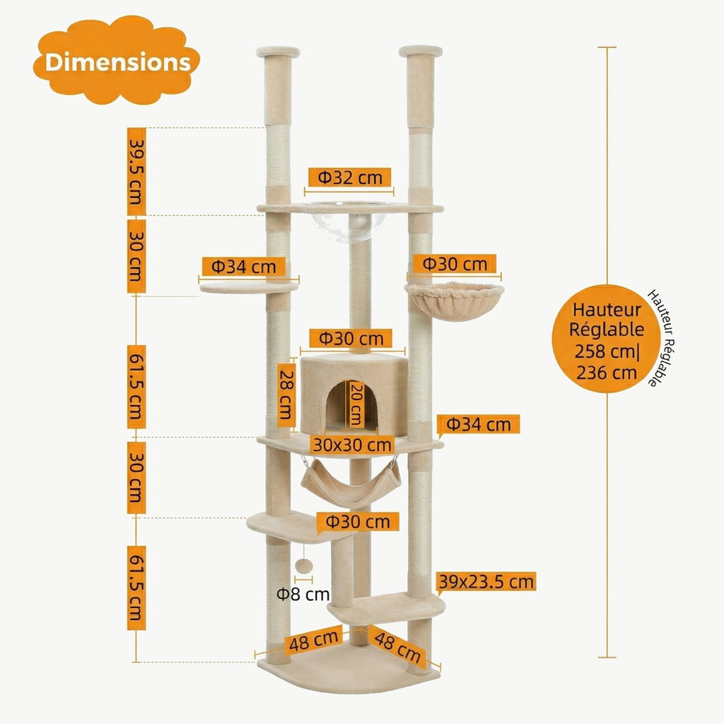 Dimensions de La Tour Céleste crème : hauteur réglable 236 à 258 cm