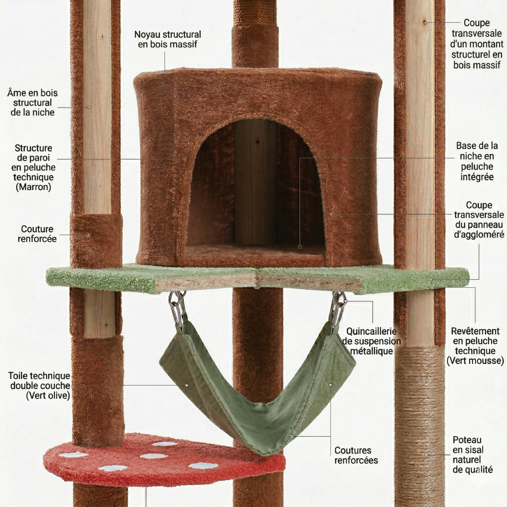 Détail de la niche marron et du hamac de La Tour Céleste