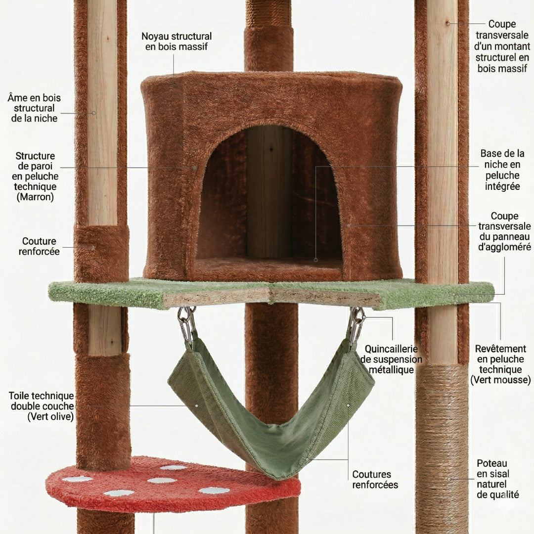 Détail de la niche marron et du hamac de La Tour Céleste