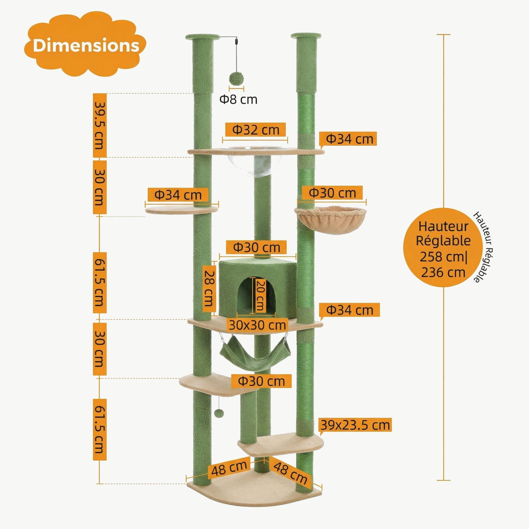 Dimensions de La Tour Céleste verte : hauteur réglable 236 à 258 cm