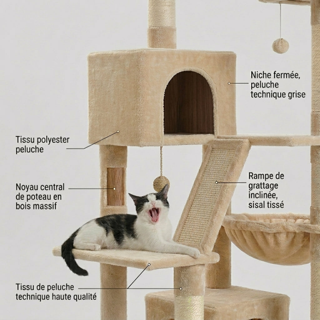 Détail de la niche fermée et de la rampe de grattage en sisal de La Tour Cocooning