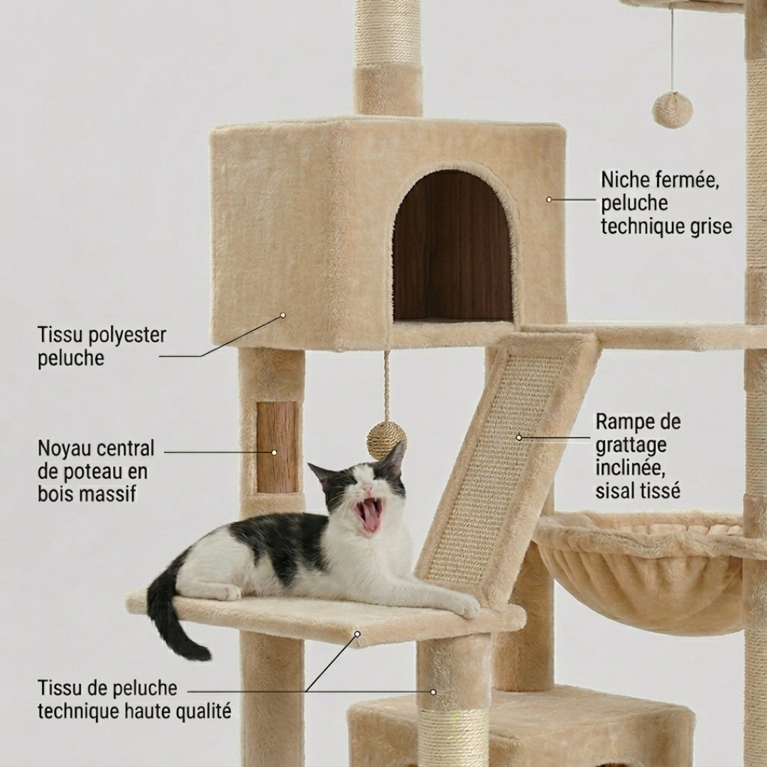 Détail de la niche fermée et de la rampe de grattage en sisal de La Tour Cocooning