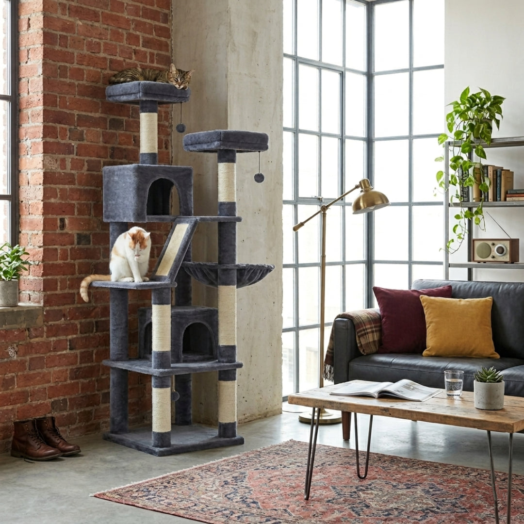 La Tour Cocooning anthracite dans un salon aux murs de brique