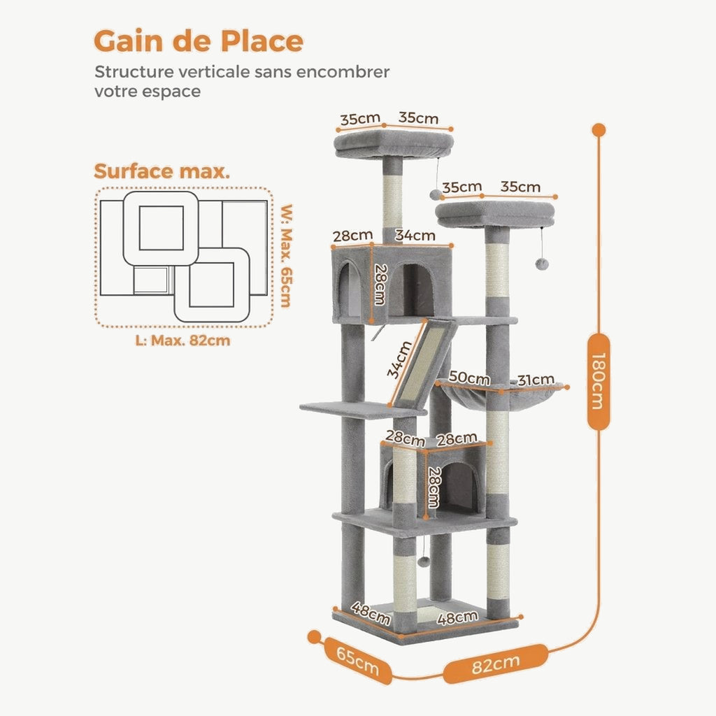 Dimensions de La Tour Cocooning grise : 180 cm, structure verticale gain de place