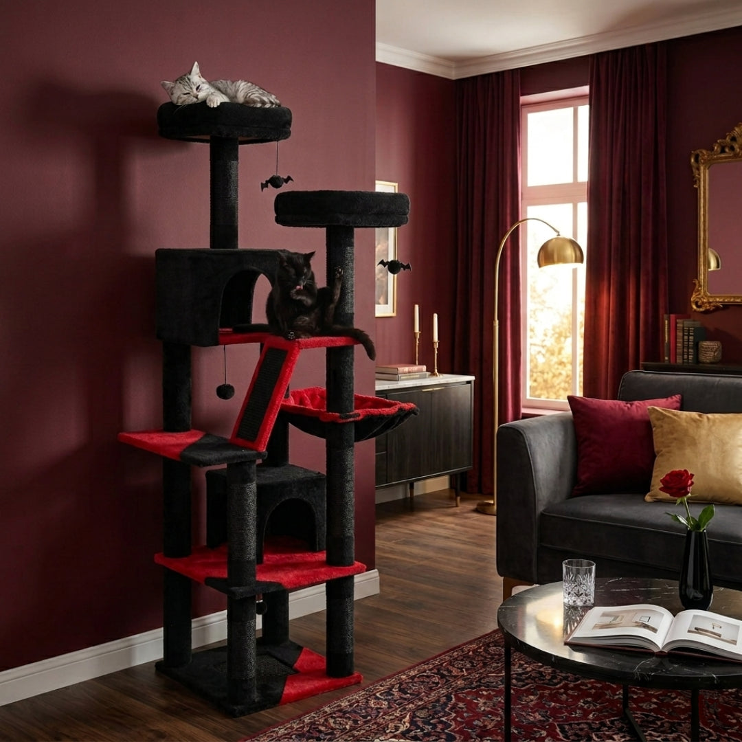 La Tour Cocooning noire et rouge dans un salon aux murs bordeaux