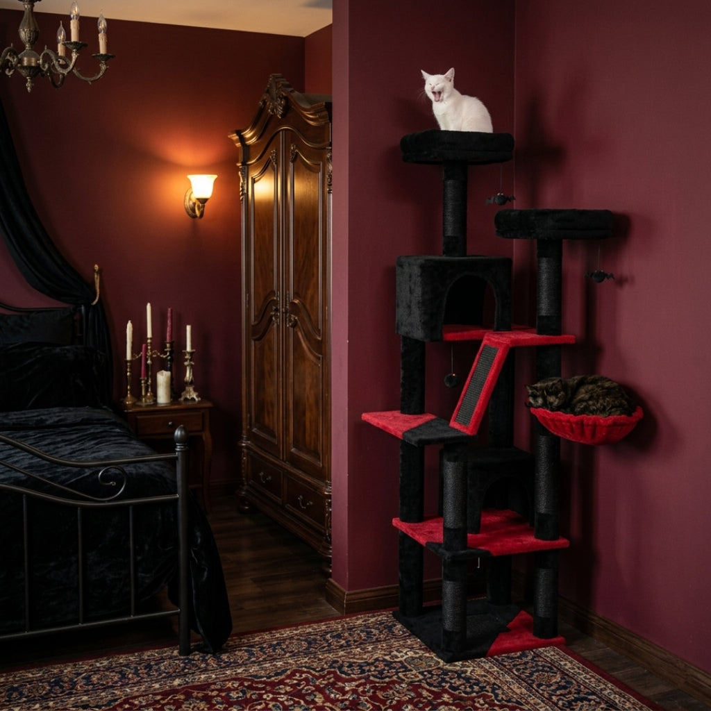 La Tour Cocooning noire et rouge installée dans une chambre