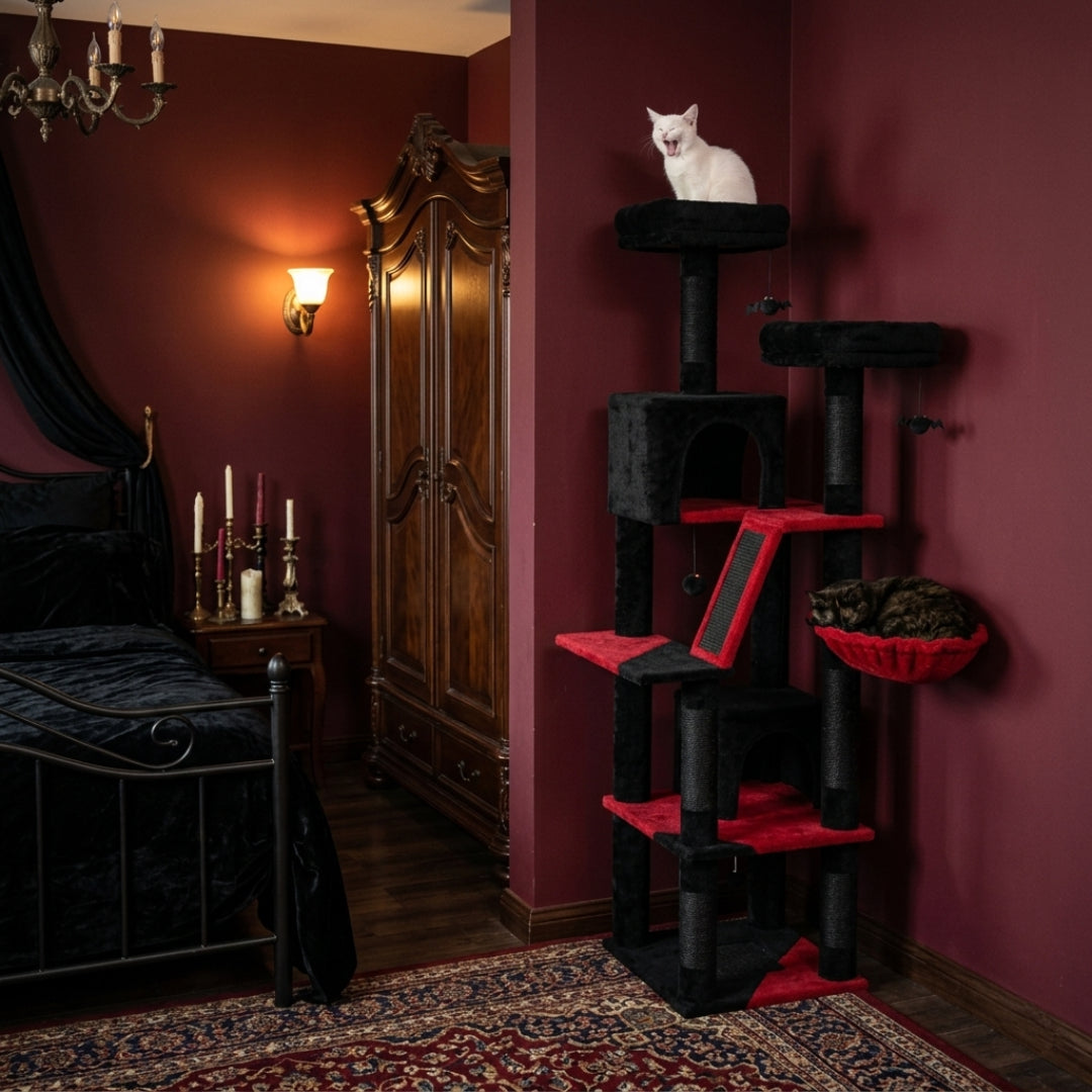 La Tour Cocooning noire et rouge installée dans une chambre