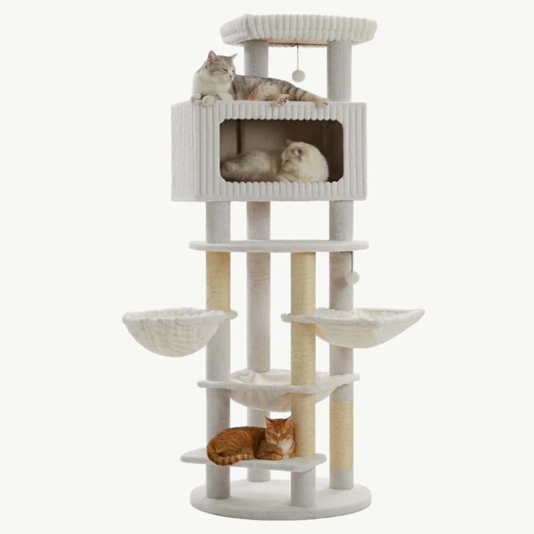 Arbre à chat XXL Le Majestueux 213 cm crème, plusieurs chats installés