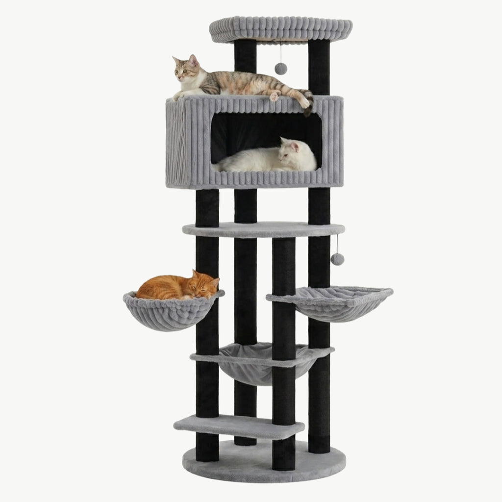 Arbre à chat XXL Le Majestueux 213 cm gris, plusieurs chats installés