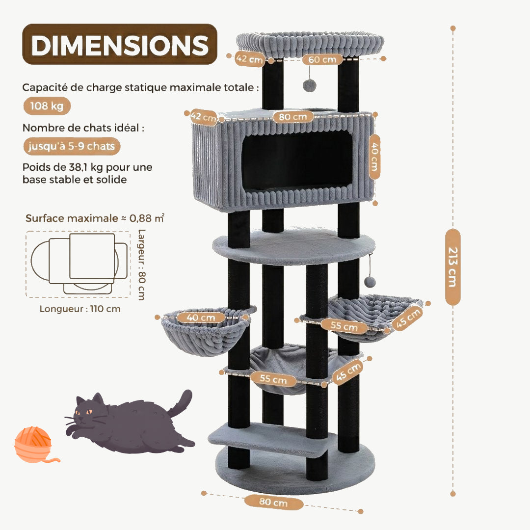 Dimensions du Majestueux : 213 cm, charge maximale 106 kg, jusqu'à 5-9 chats