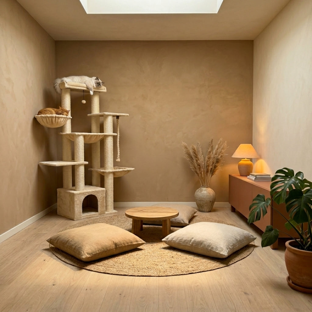 Le Seigneur beige installé dans un salon aux tons naturels