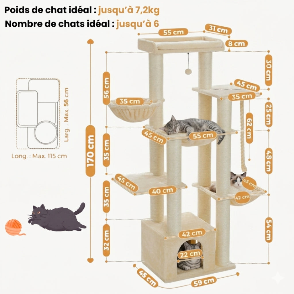 Dimensions du Seigneur beige : 170 cm, chats jusqu'à 7,2 kg, jusqu'à 6 chats
