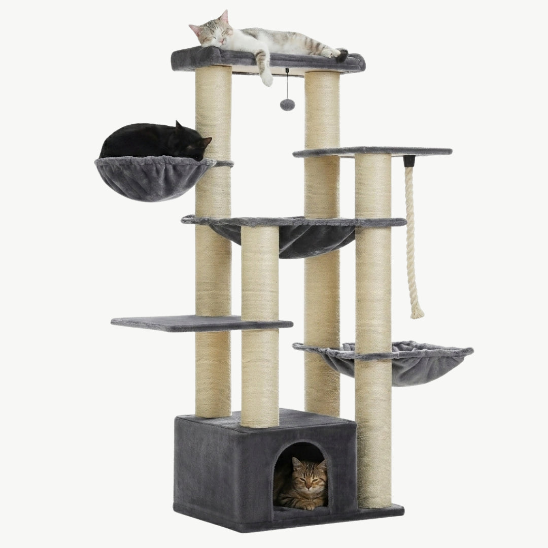 Arbre à chat XXL Le Seigneur 170 cm anthracite, deux chats installés