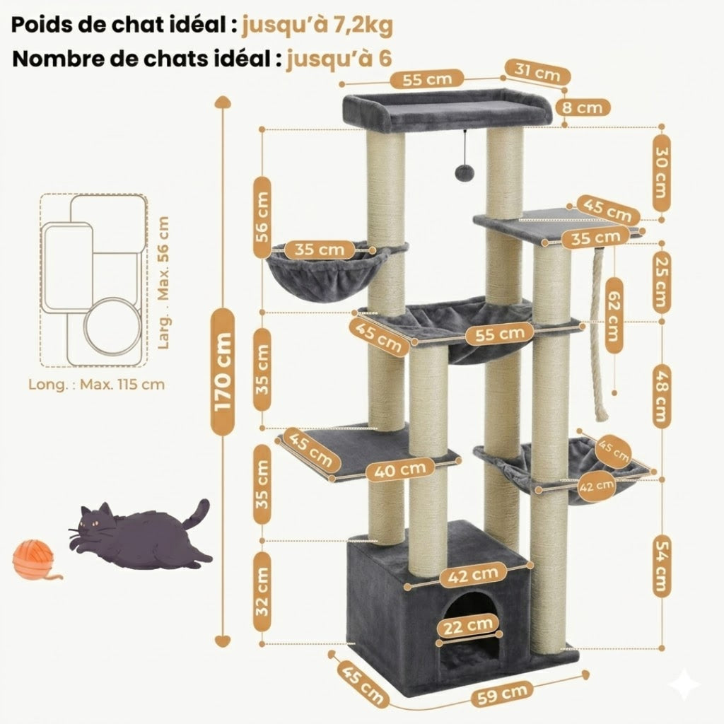 Dimensions du Seigneur : 170 cm, chats jusqu'à 7,2 kg, jusqu'à 8 chats