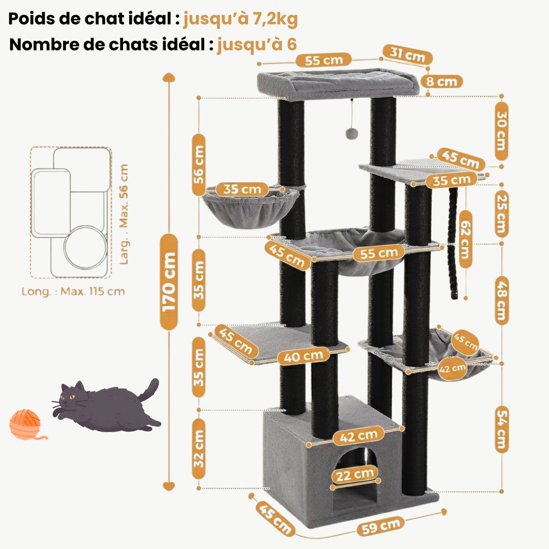 Dimensions du Seigneur gris : 170 cm, chats jusqu'à 7,2 kg, jusqu'à 6 chats