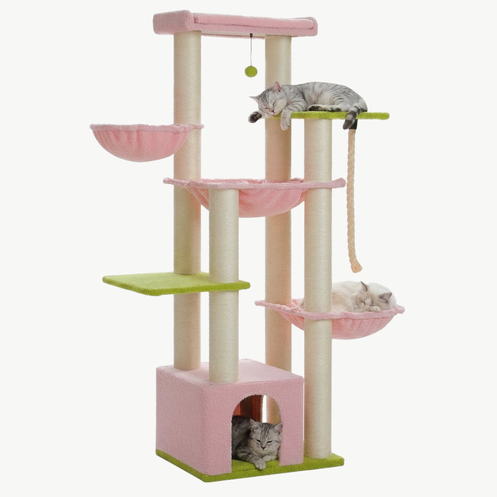 Arbre à chat XXL Le Seigneur 170 cm rose et vert, plusieurs chats installés
