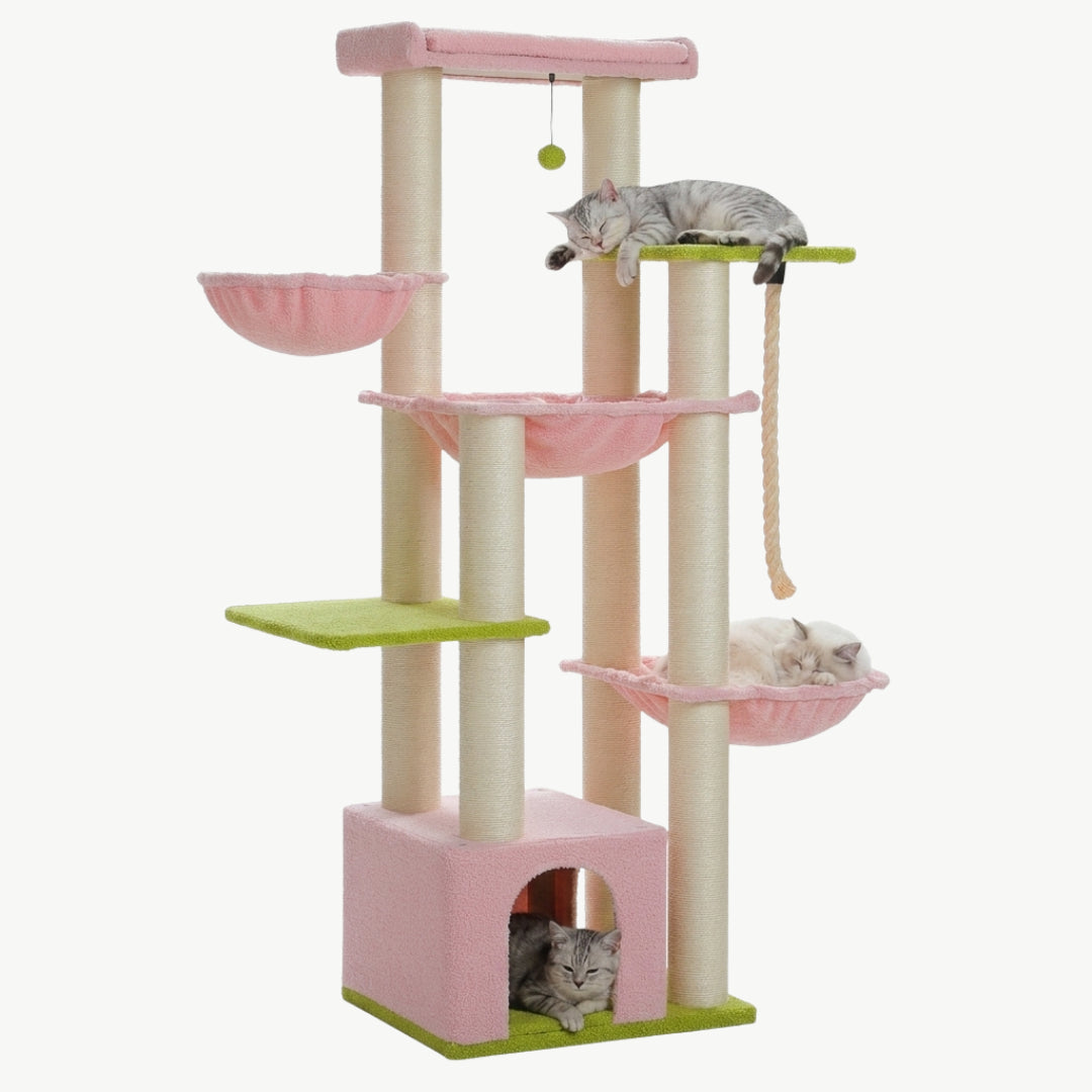 Arbre à chat XXL Le Seigneur 170 cm rose et vert, plusieurs chats installés