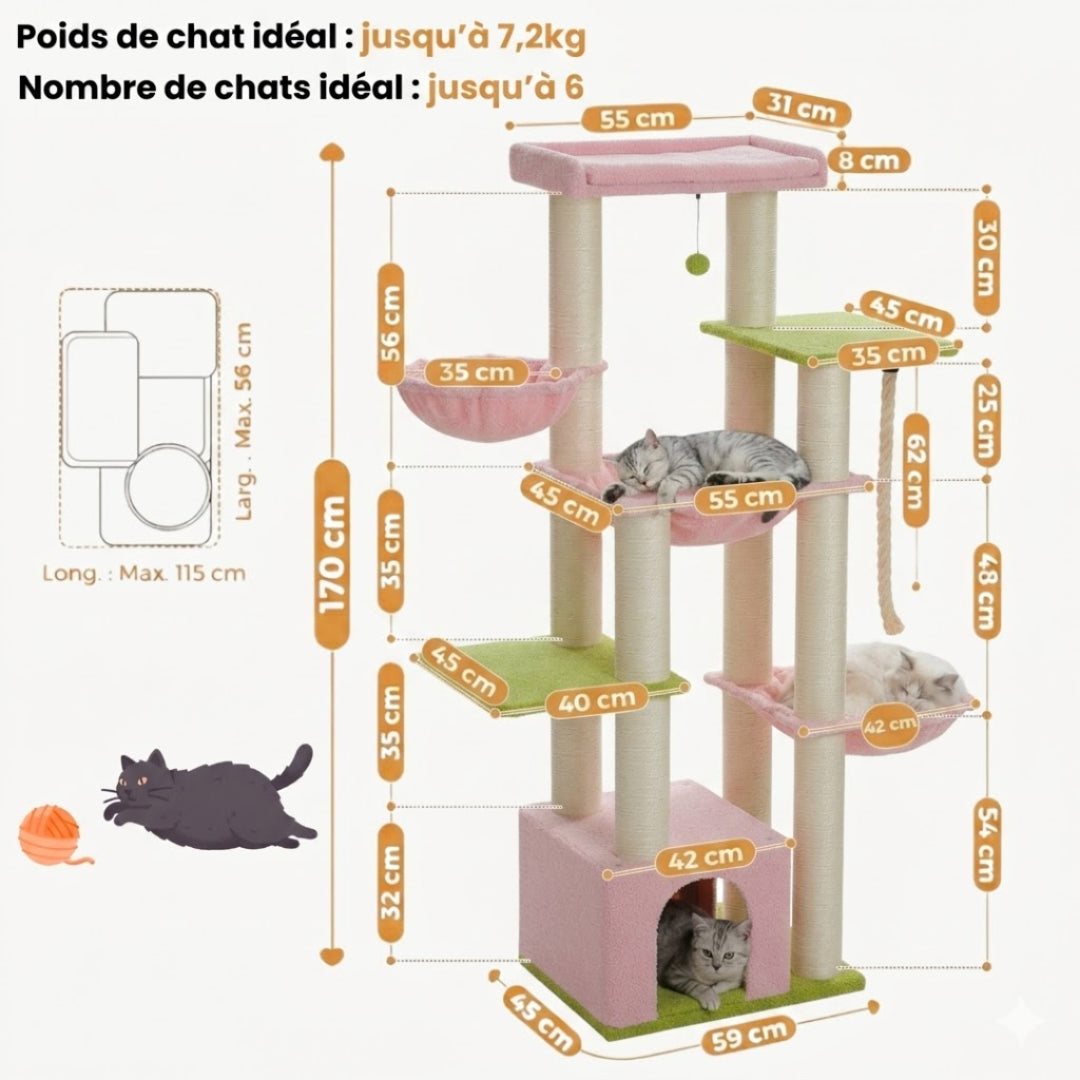 Dimensions du Seigneur rose : 170 cm, chats jusqu'à 7,2 kg