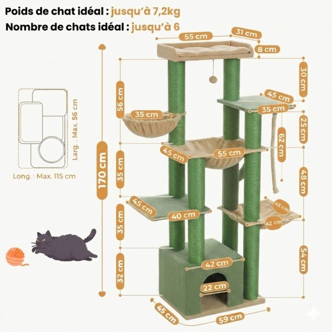 Dimensions du Seigneur vert : 170 cm, chats jusqu'à 7,2 kg, jusqu'à 6 chats