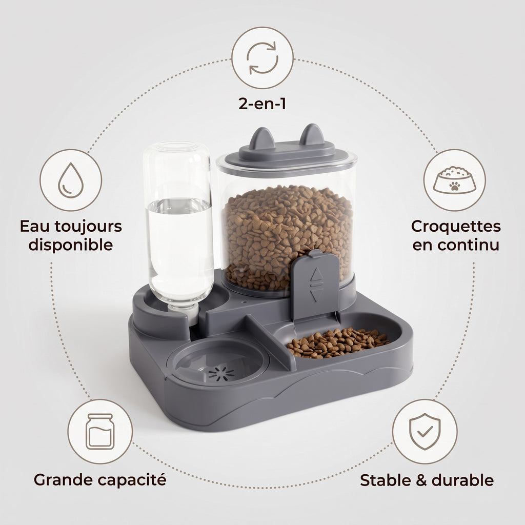Le Nomade, distributeur 2-en-1 : eau toujours disponible et croquettes en continu
