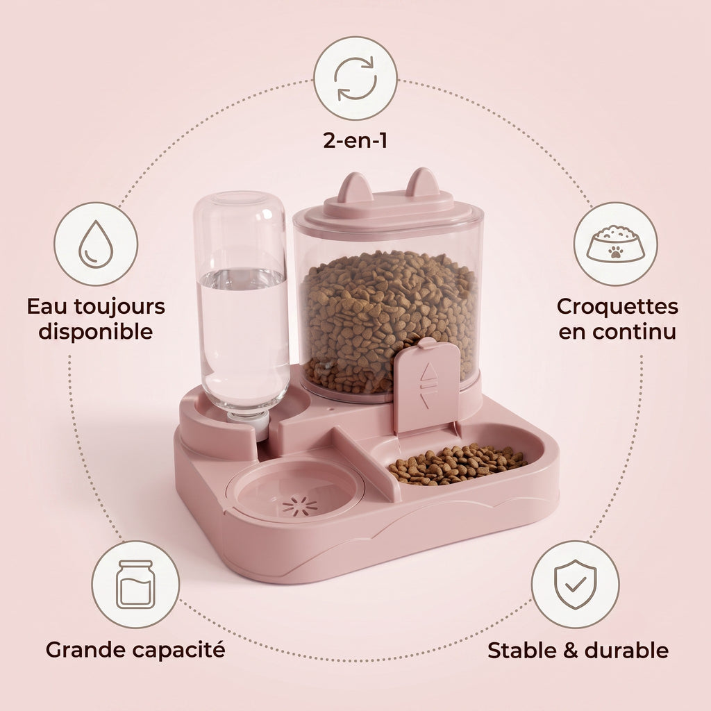 Le Nomade rose, distributeur 2-en-1 eau et croquettes, grande capacité