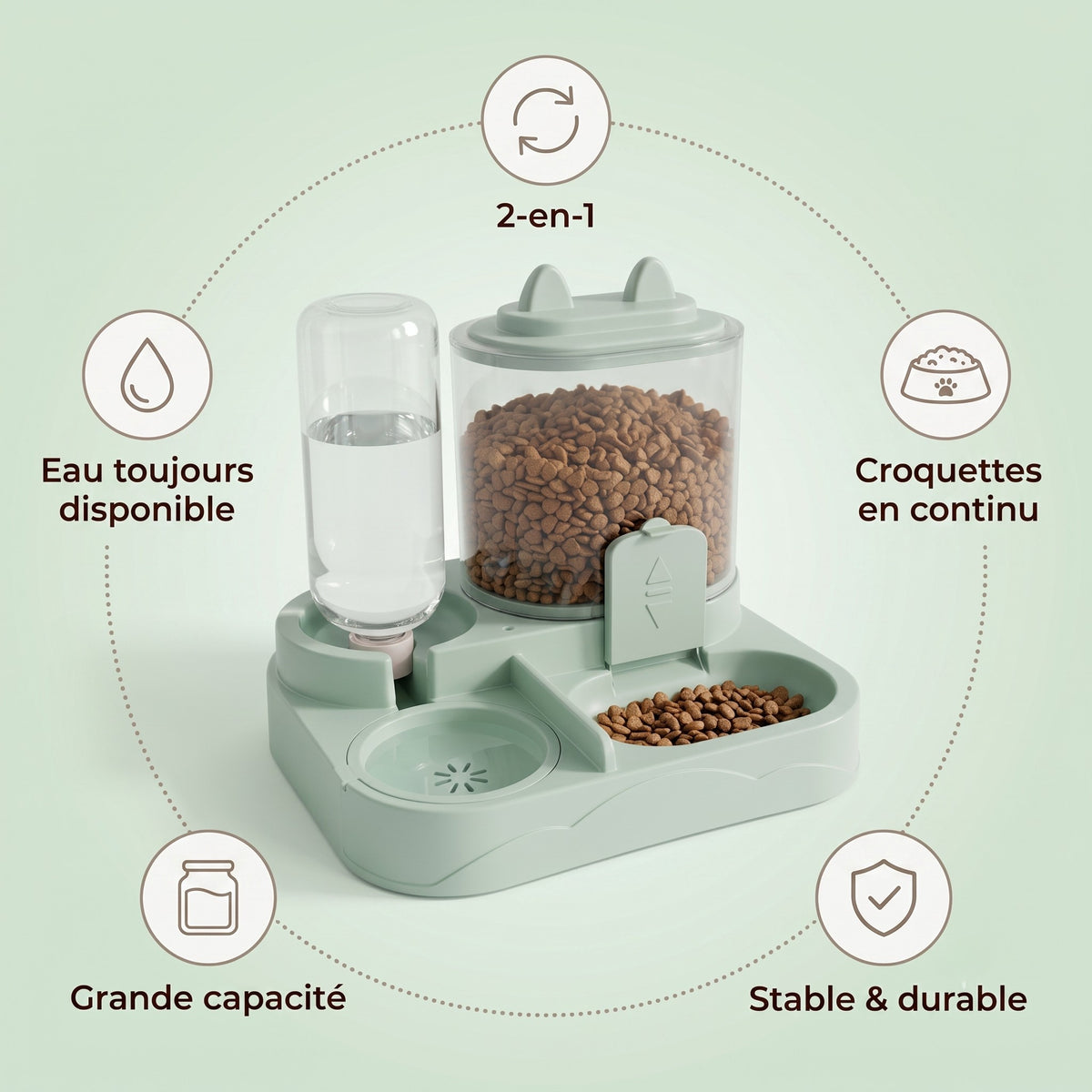 Le Nomade vert menthe, distributeur 2-en-1 eau et croquettes, stable et durable