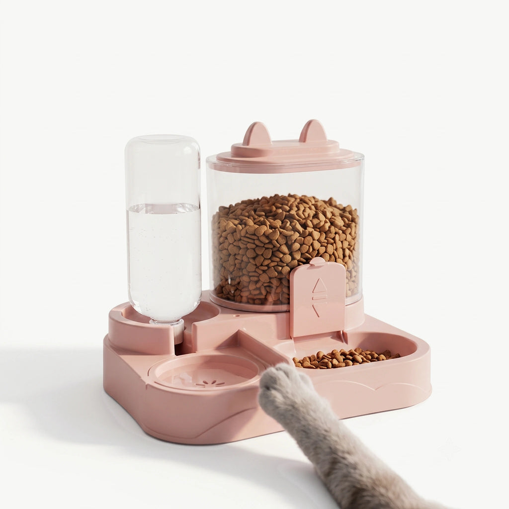 Distributeur de croquettes et d'eau Le Nomade rose, un chat approche la patte