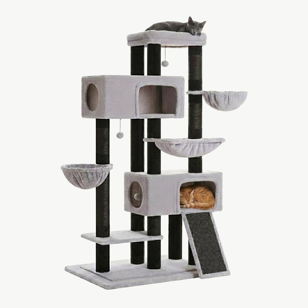 Arbre à chat XXL L'Olympe 209 cm gris, plusieurs chats installés