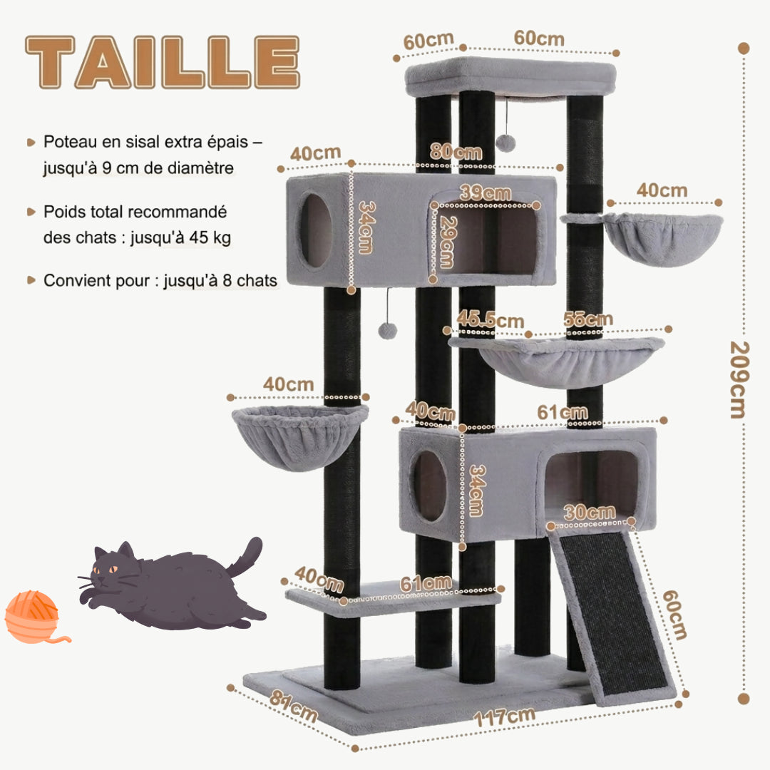 Dimensions de L'Olympe : 209 cm de hauteur, base 111 cm, poteaux sisal de 9 cm