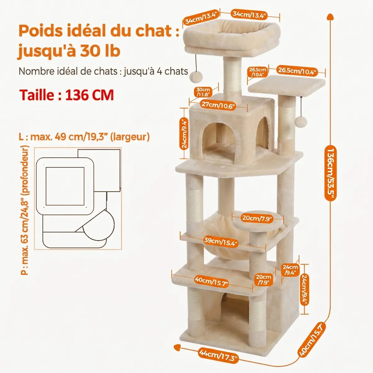 Arbre à Chat 136cm | Niche, Hamac & Griffoir Sisal | L'Onyx