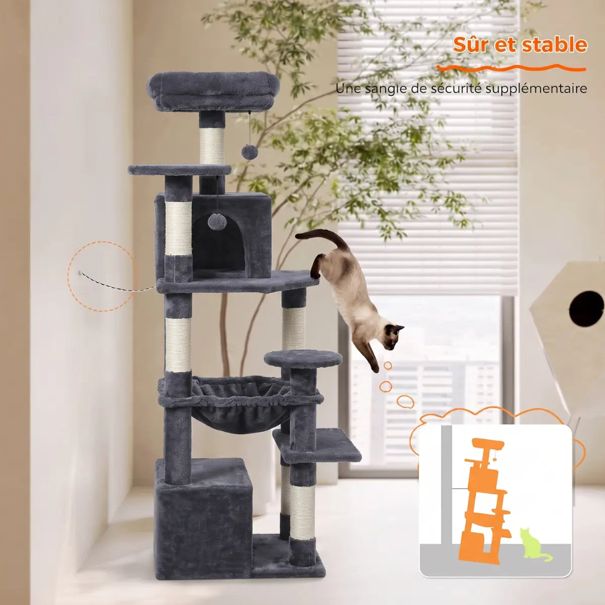 Arbre à Chat 136cm | Niche, Hamac & Griffoir Sisal | L'Onyx
