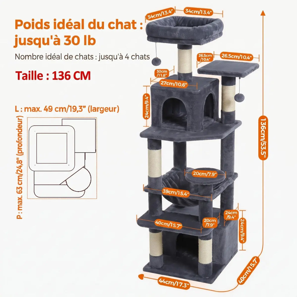 Arbre à Chat 136cm | Niche, Hamac & Griffoir Sisal | L'Onyx