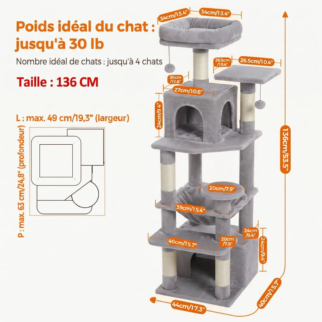 Arbre à Chat 136cm | Niche, Hamac & Griffoir Sisal | L'Onyx