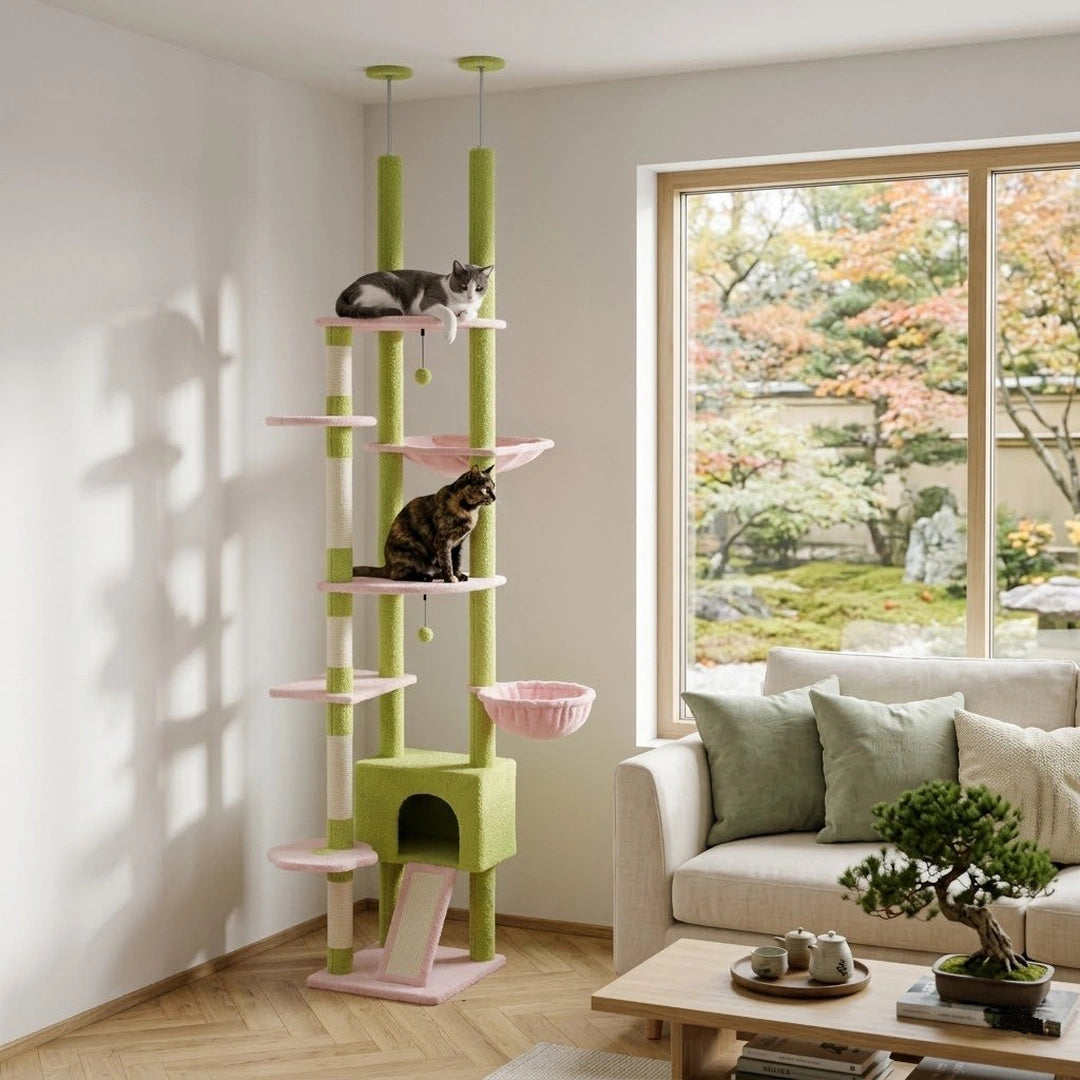 Tour Féline | XXL Réglable Sol-Plafond avec Hamac et Niche – Tour d’Escalade pour Chats