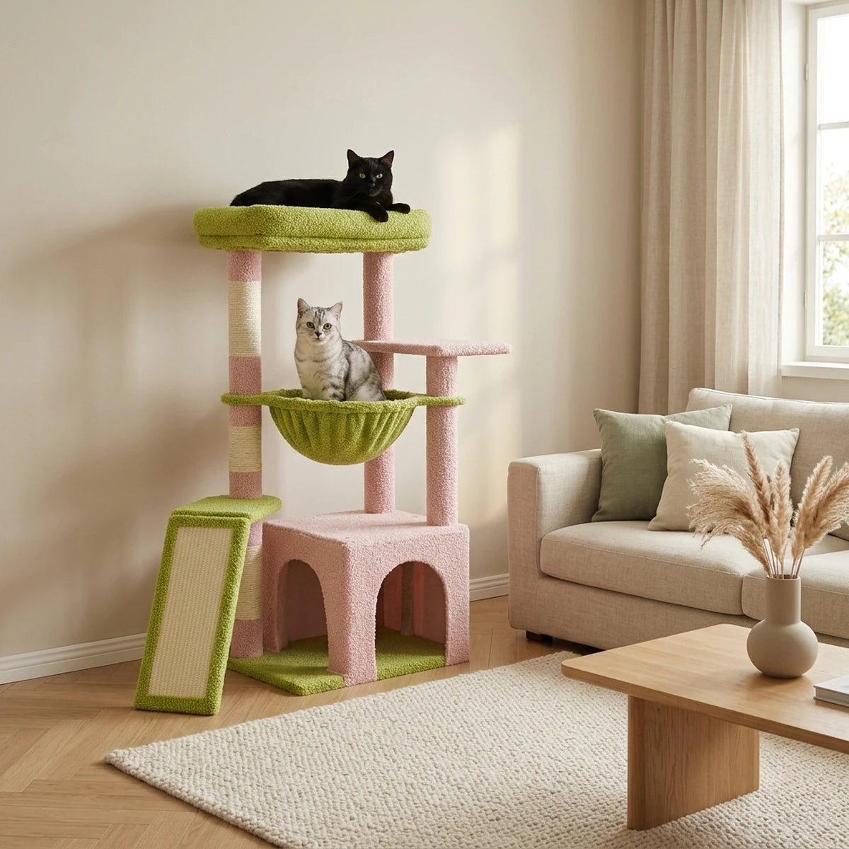 Arbre à chat Le Sultan rose et vert contre le mur d'un salon japandi, chat noir sur le perchoir et chat tigré argenté dans le hamac