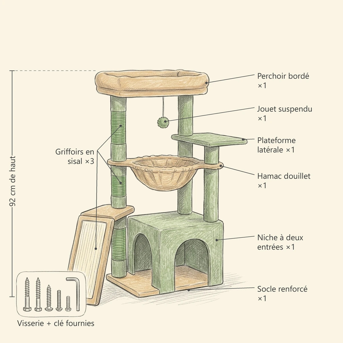 Croquis de l'arbre à chat Le Sultan 92 cm : perchoir bordé, jouet suspendu, plateforme latérale, hamac, niche à deux entrées, socle renforcé, griffoirs en sisal et visserie