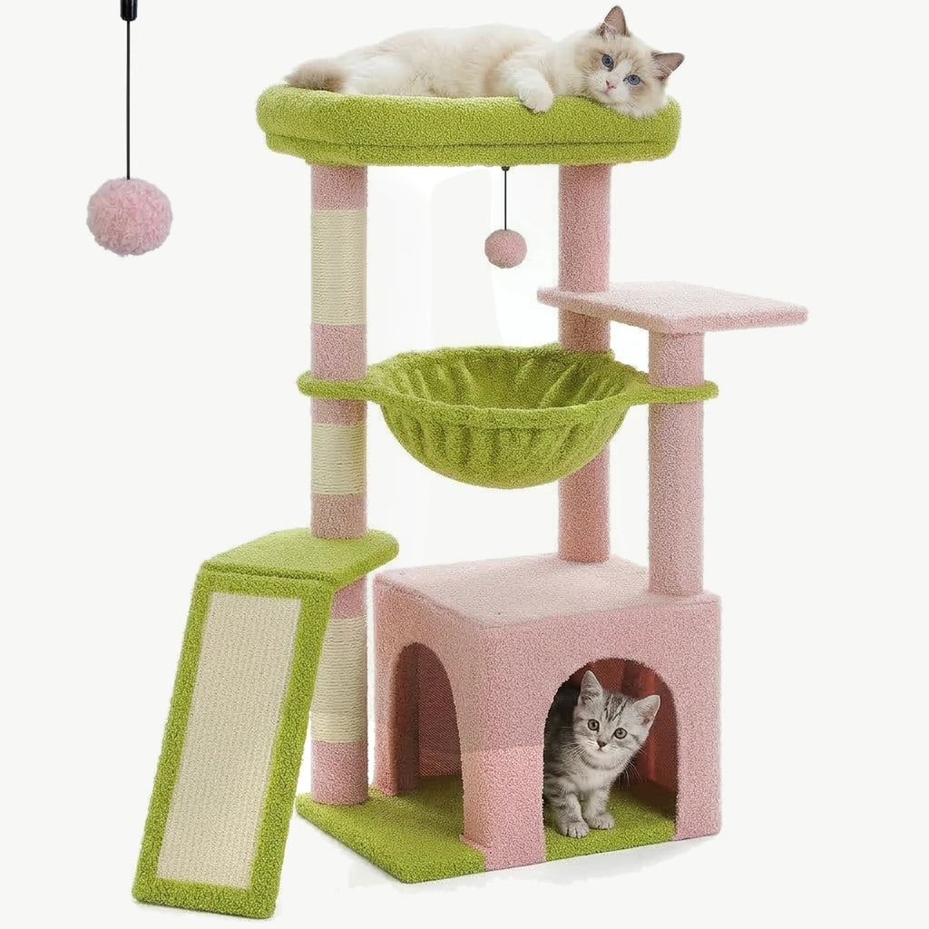 Arbre à chat Le Sultan 92 cm rose et vert anis, chat Ragdoll au sommet et chaton tigré dans la niche