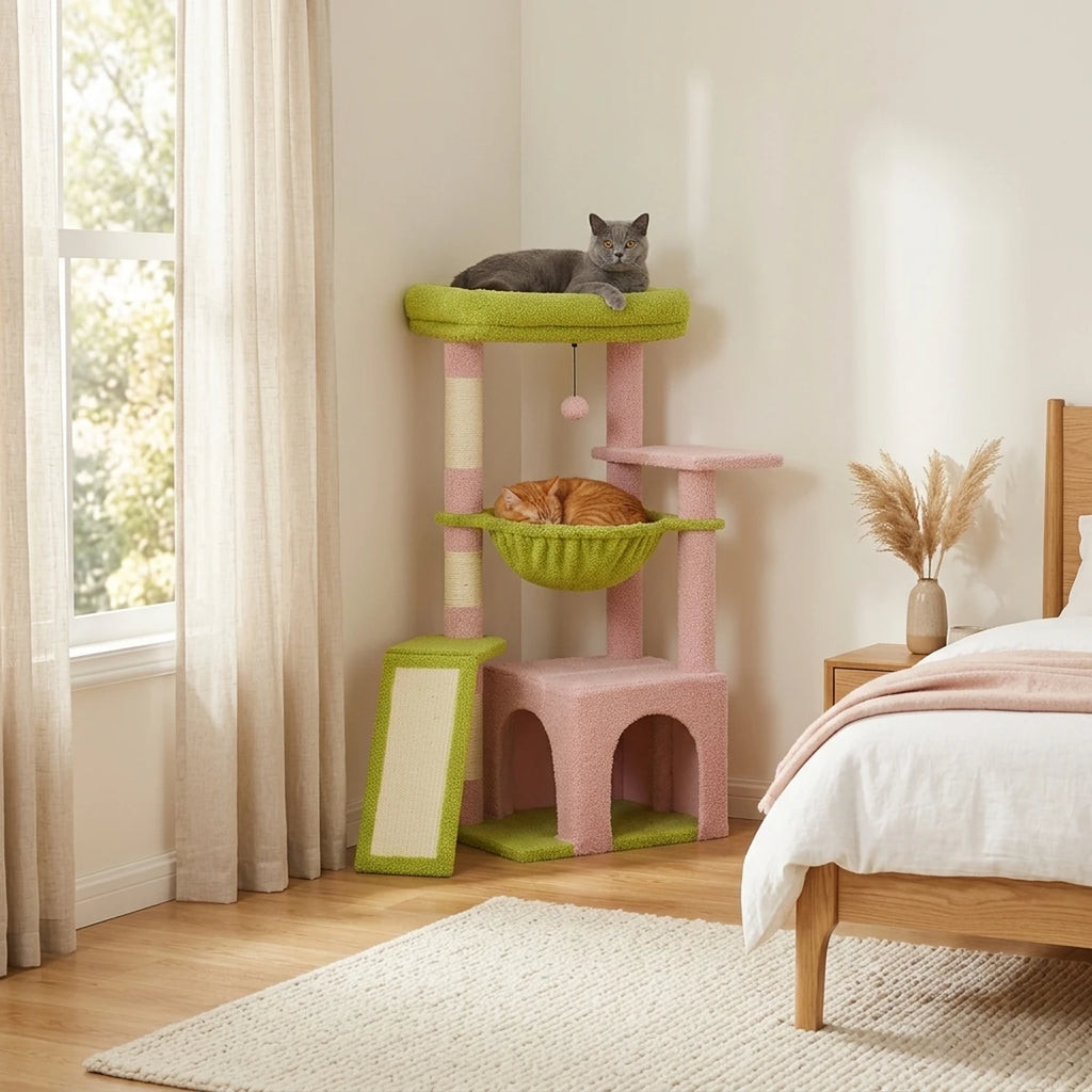 Arbre à chat Le Sultan rose dans l'angle d'une chambre, chat roux endormi dans le hamac