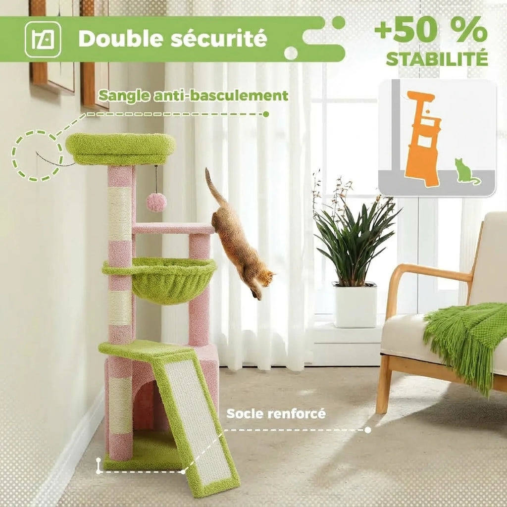 Arbre à chat Le Sultan rose équipé de sa sangle anti-basculement et de son socle renforcé