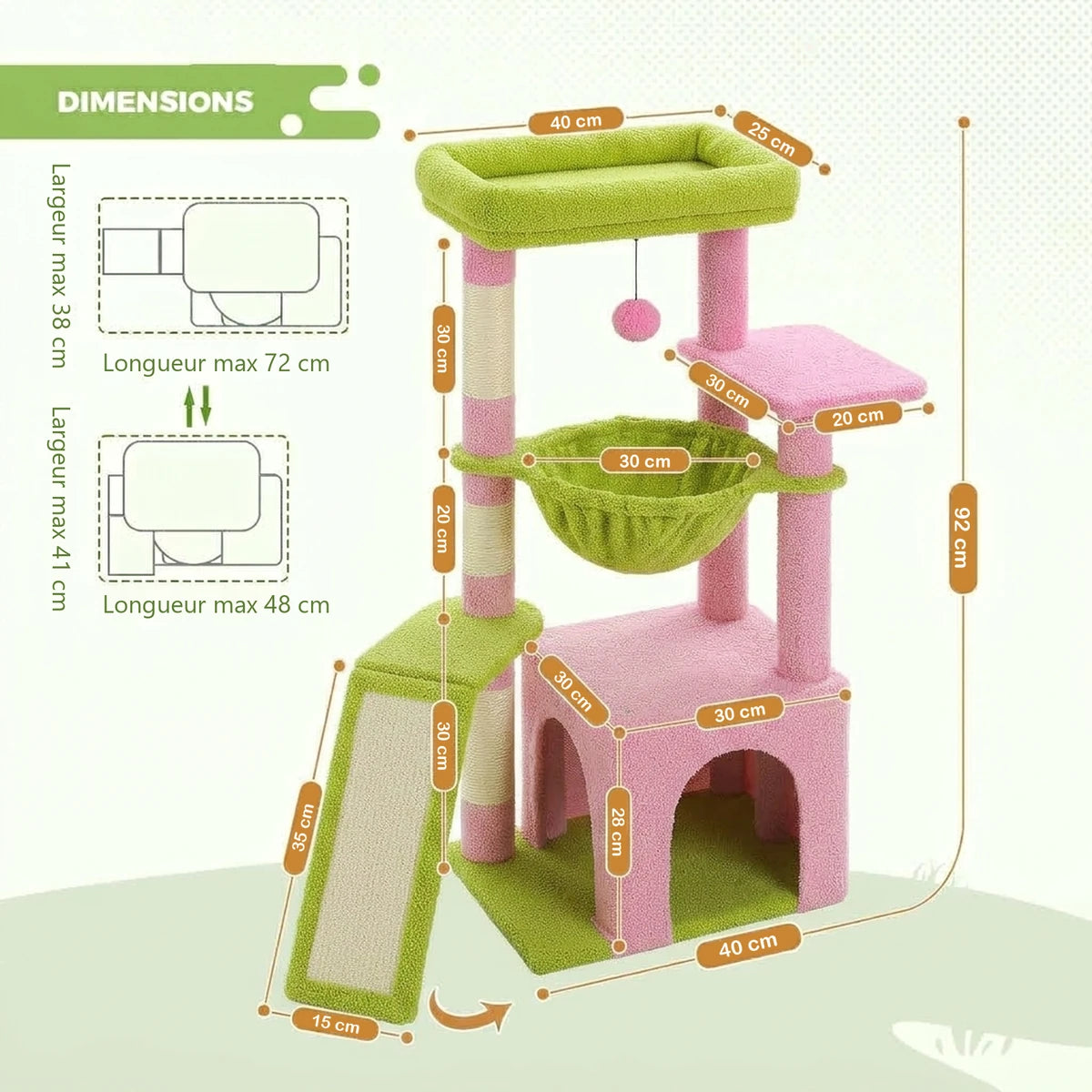 Dimensions de l'arbre à chat Le Sultan rose : hauteur 92 cm, perchoir 40 x 25 cm, niche 30 x 30 x 28 cm