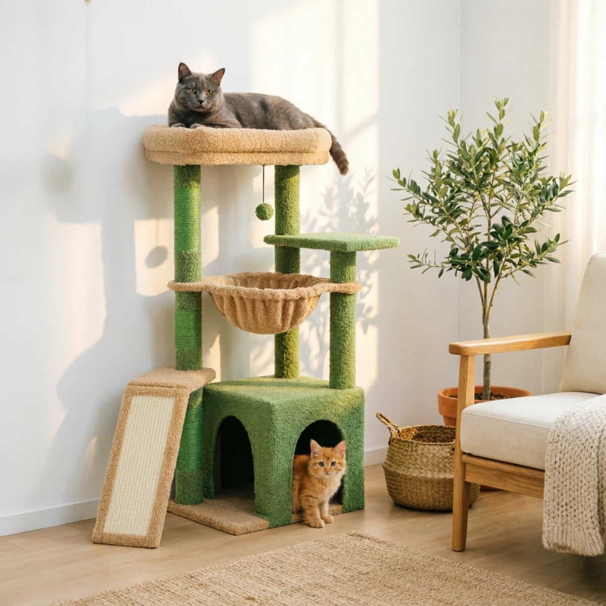 Arbre à chat Le Sultan vert contre le mur d'un salon lumineux, chat gris sur le perchoir et chaton roux dans la niche