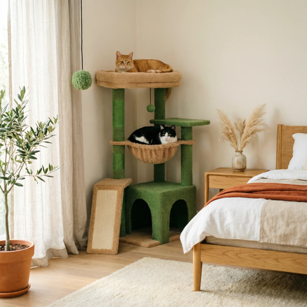 Arbre à chat Le Sultan vert dans l'angle d'une chambre, chat roux endormi au sommet