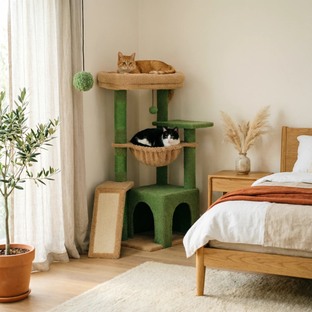 Arbre à chat Le Sultan vert dans l'angle d'une chambre, chat roux endormi au sommet