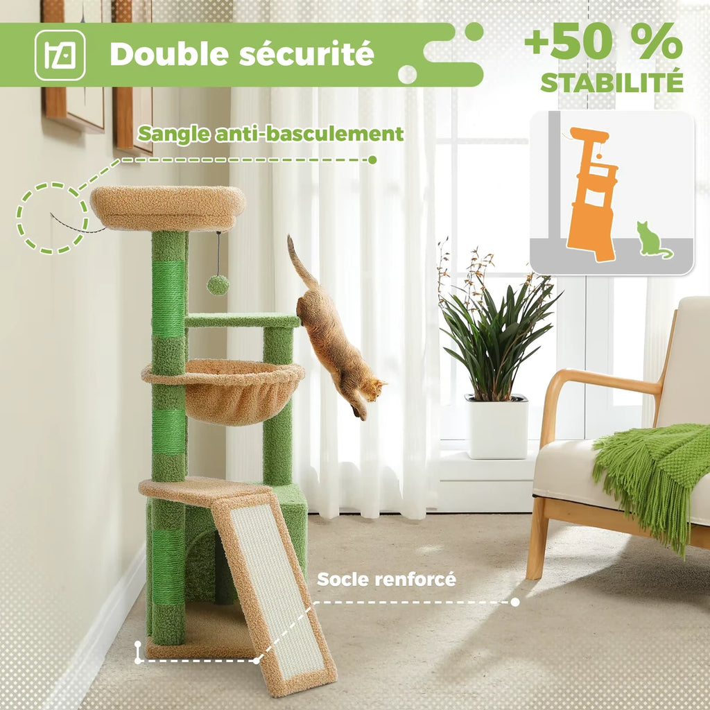 Arbre à chat Le Sultan vert équipé de sa sangle anti-basculement et de son socle renforcé