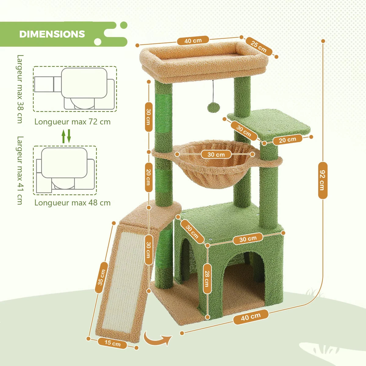 Dimensions de l'arbre à chat Le Sultan vert : hauteur 92 cm, perchoir 40 x 25 cm, niche 30 x 30 x 28 cm