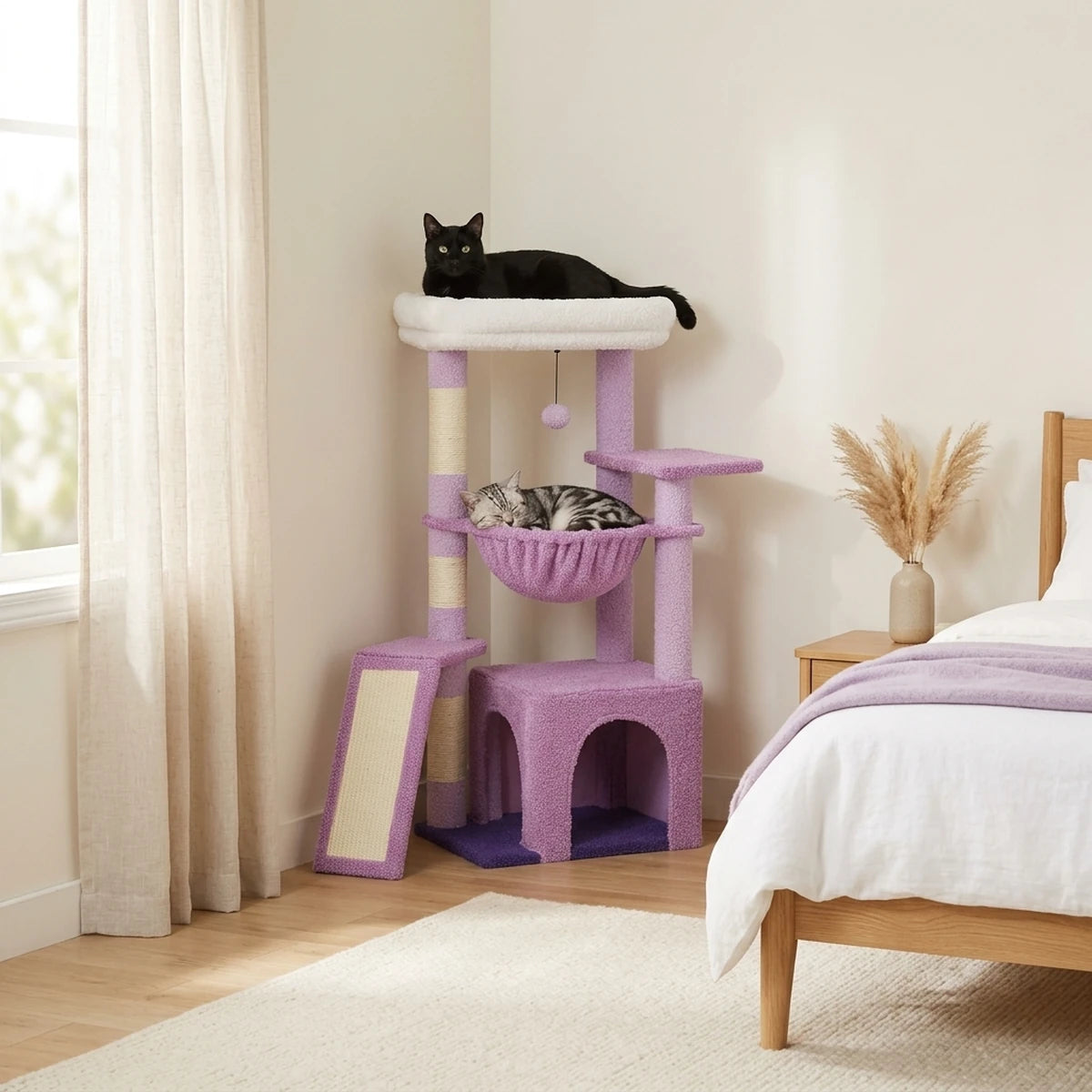 Arbre à chat Le Sultan violet dans l'angle d'une chambre, chat noir au sommet et chat tigré dans le hamac