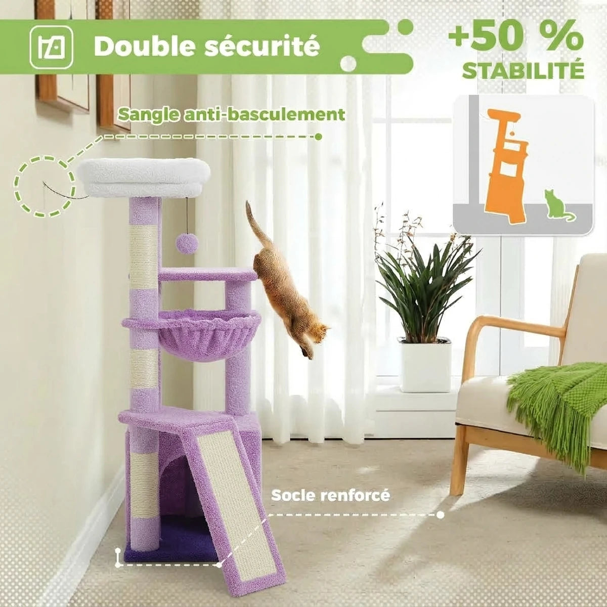 Arbre à chat Le Sultan violet équipé de sa sangle anti-basculement et de son socle renforcé