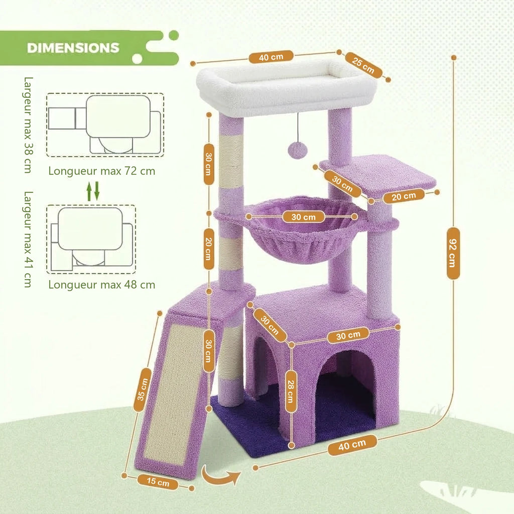 Dimensions de l'arbre à chat Le Sultan violet : hauteur 92 cm, perchoir 40 x 25 cm, niche 30 x 30 x 28 cm