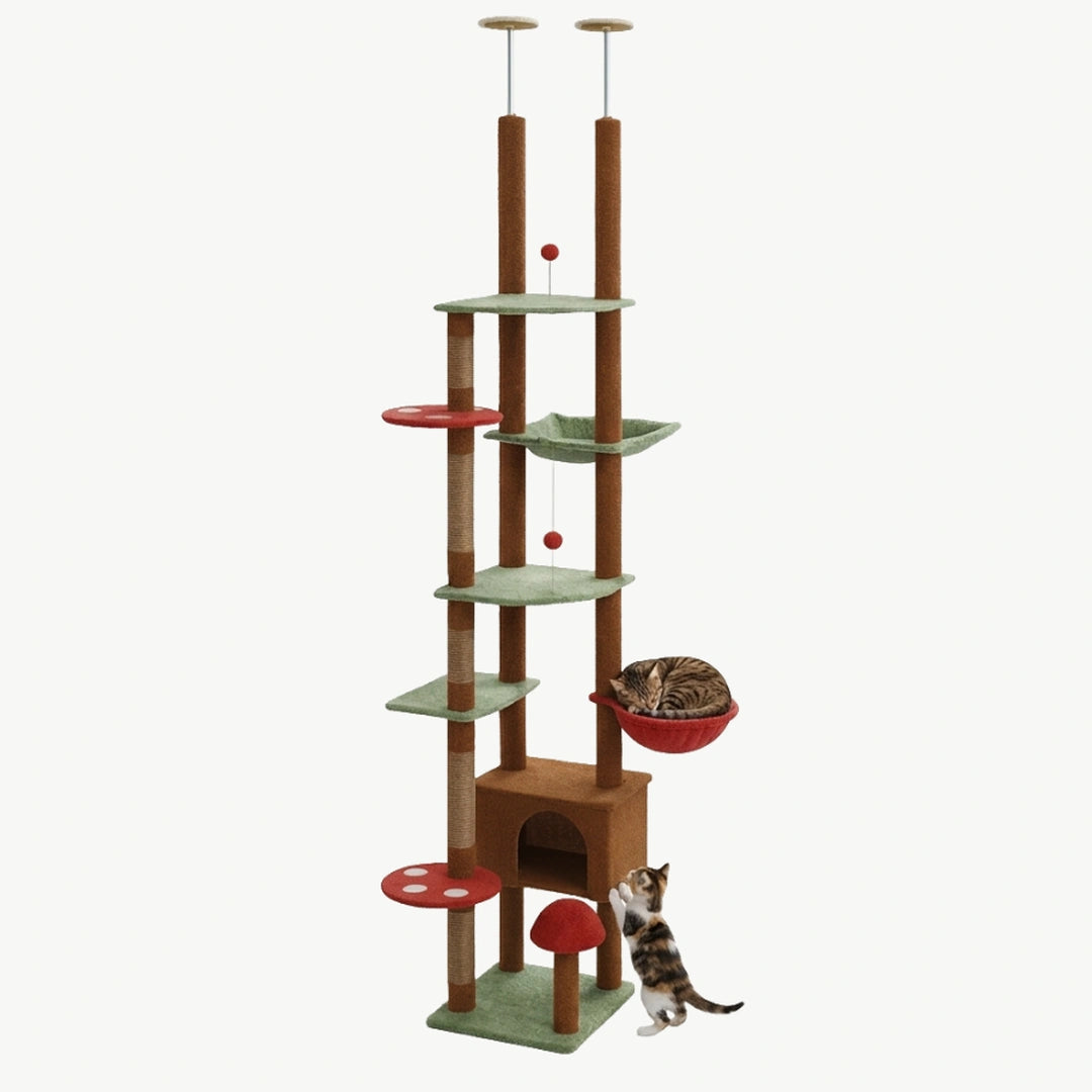 Tour Féline | XXL Réglable Sol-Plafond avec Hamac et Niche – Tour d’Escalade pour Chats